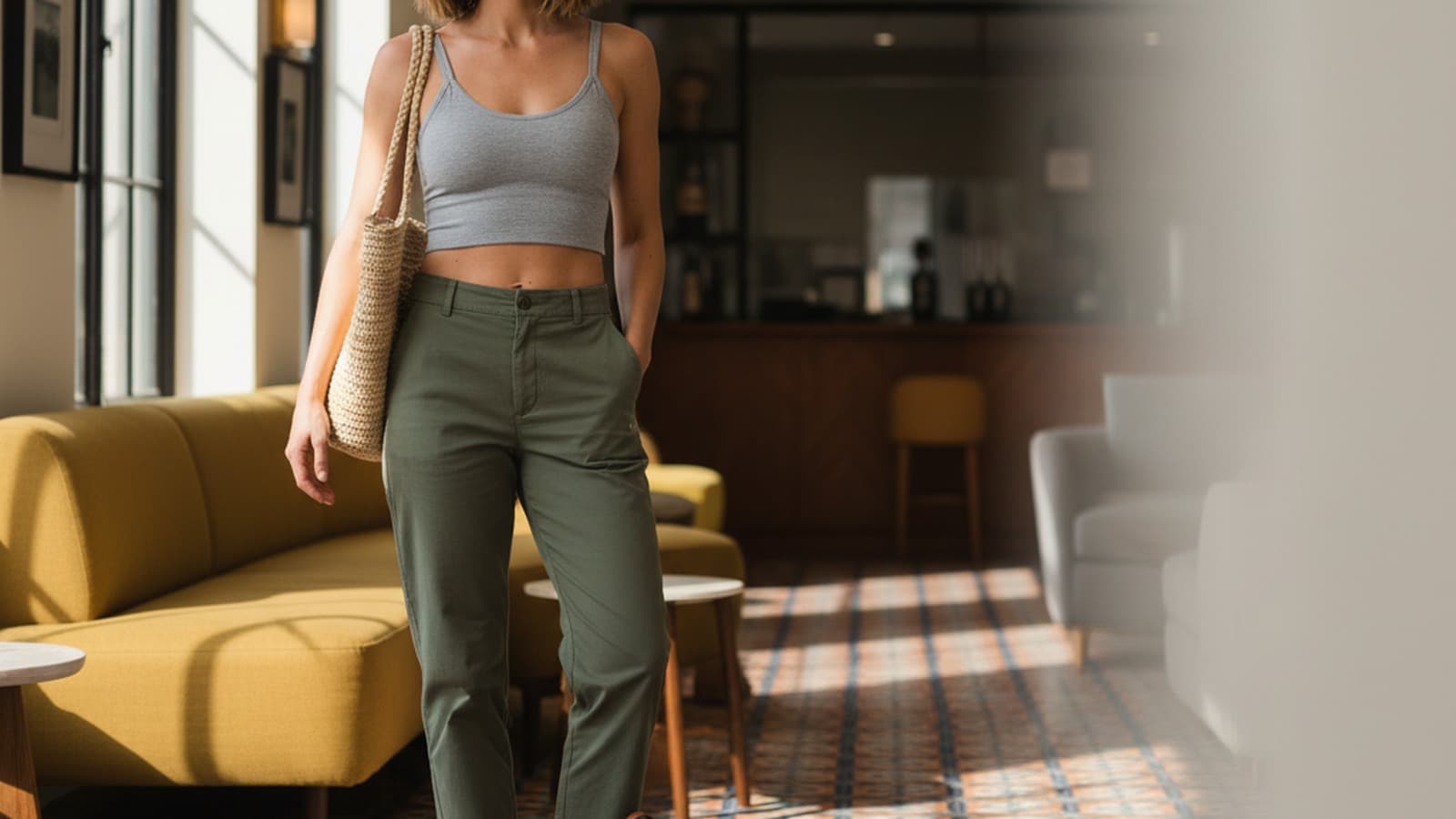 Photoreal wide 16:9 hero image of a women model wearing Athleta Aurora Seamless Crop Rib Strappy Tank.