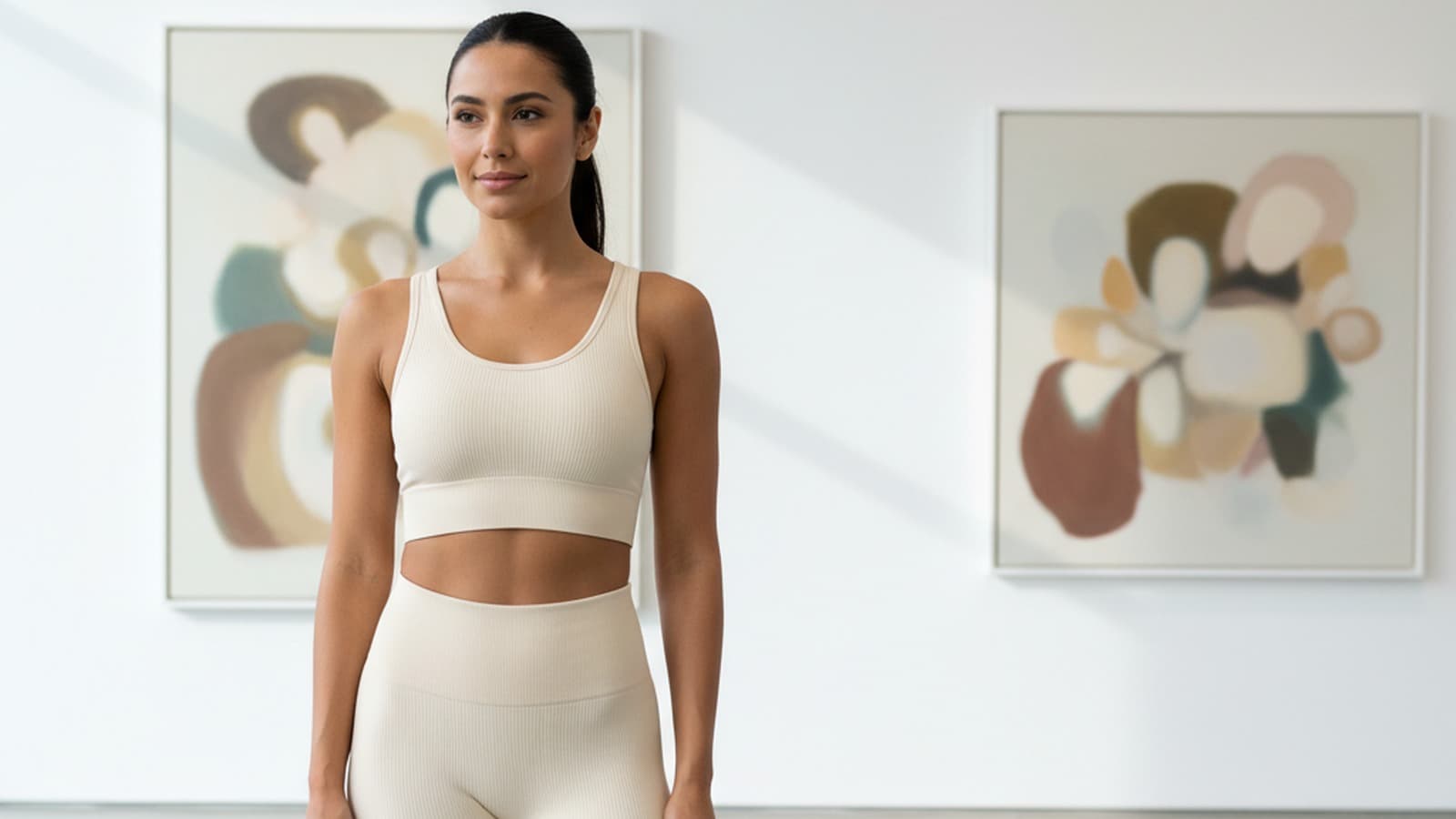 Photoreal wide 16:9 hero image of a women model wearing Athleta Aurora Seamless Crop Rib Tank.