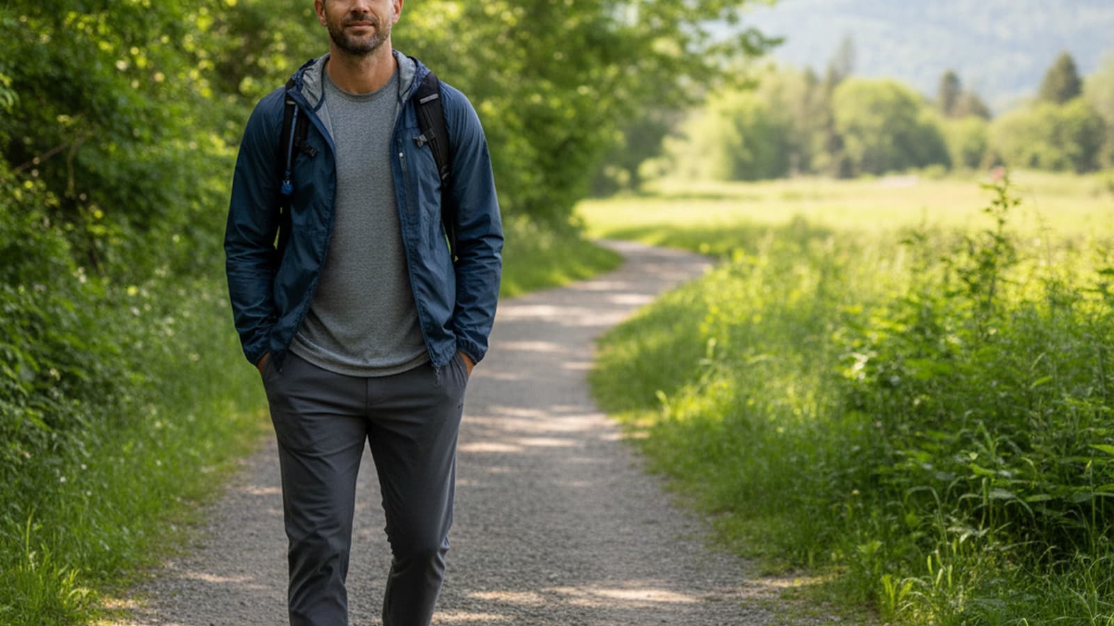Photoreal wide 16:9 hero image of a men model wearing Lululemon ABC Jogger.