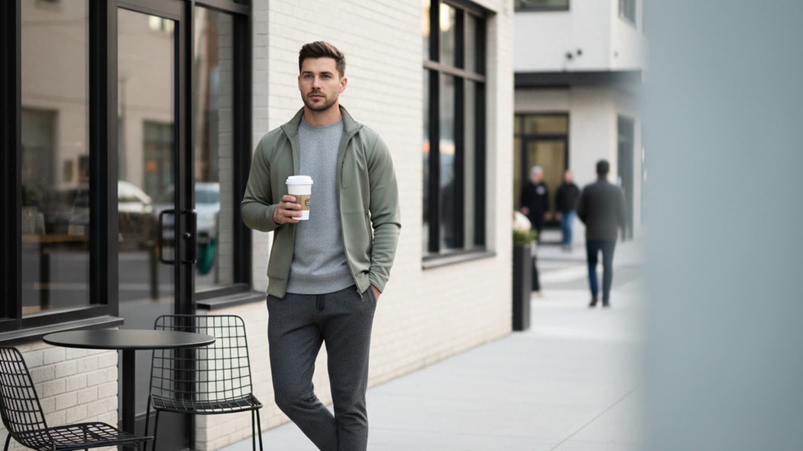 Photoreal wide 16:9 hero image of a men model wearing Lululemon City Sweat Jogger.