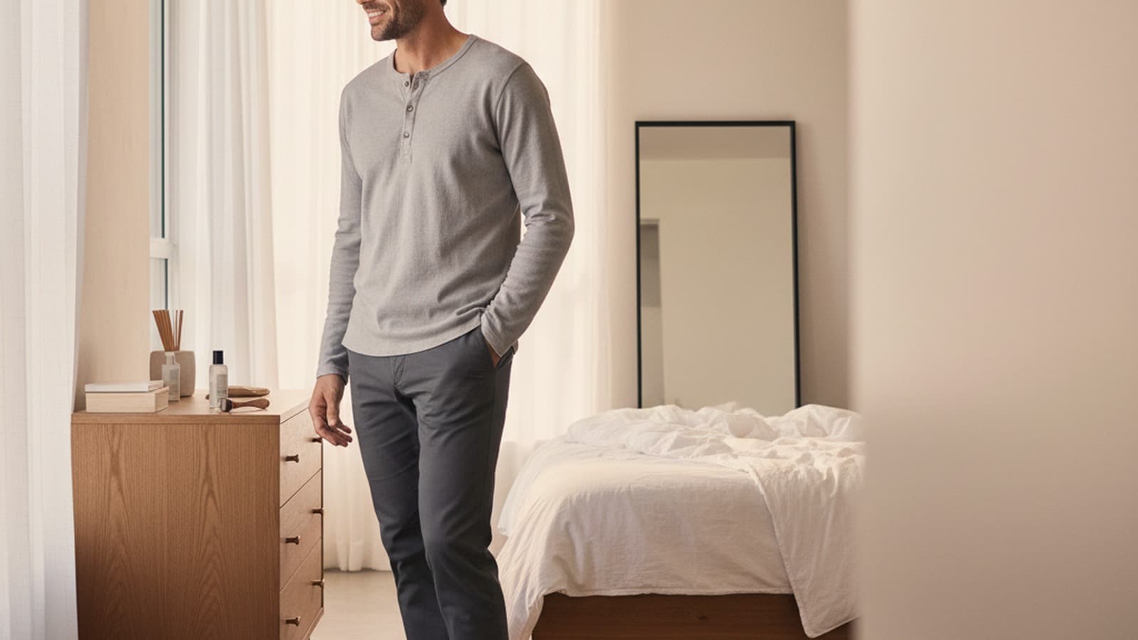 Photoreal wide 16:9 hero image of a men model wearing Lululemon Commission Pant Slim-Fit.