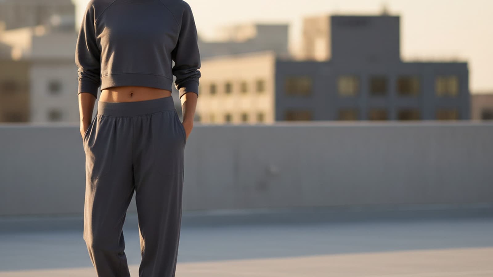 Photoreal wide 16:9 hero image of a women model wearing Lululemon Daydrift High-Rise Jogger.