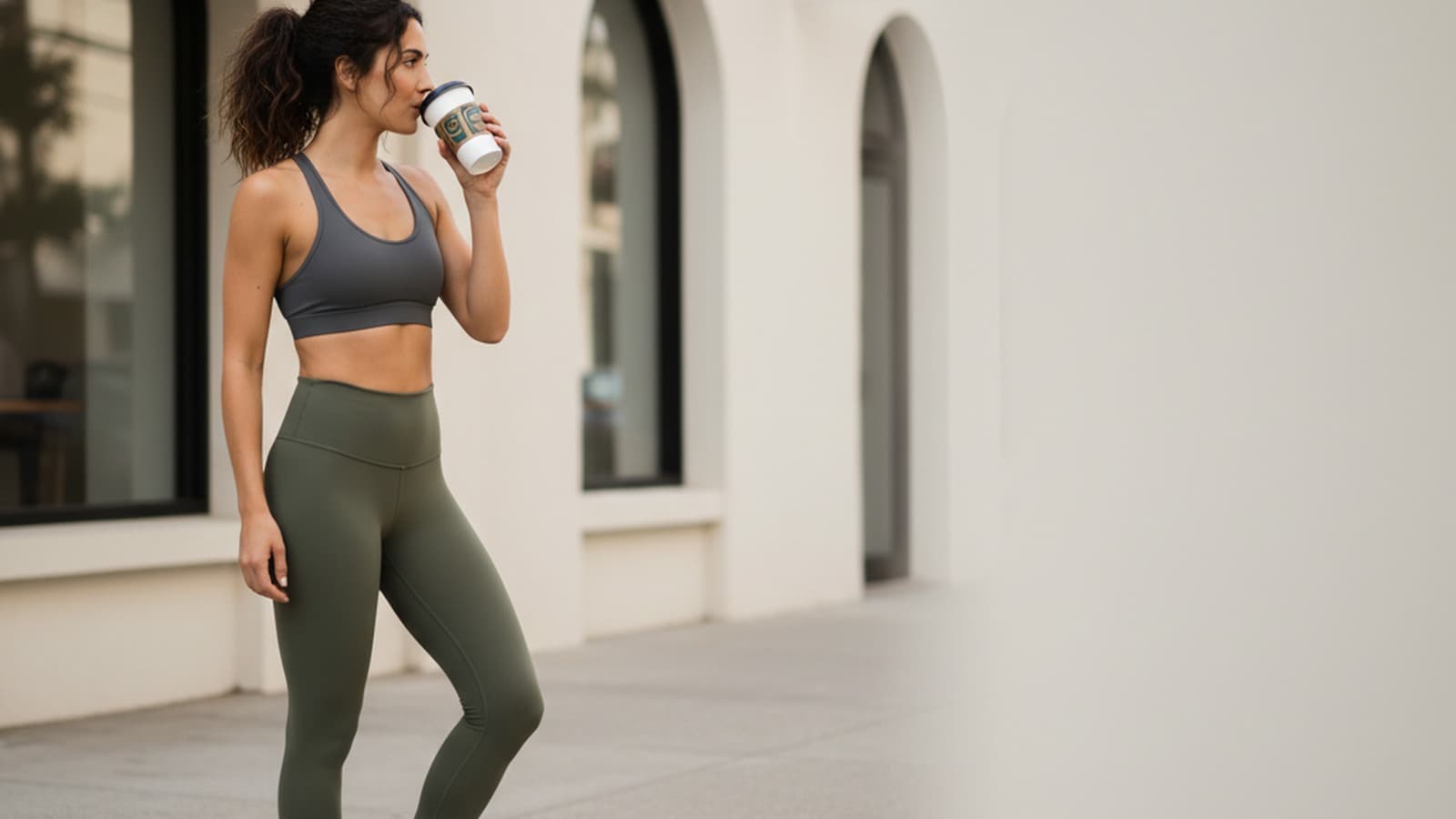Photoreal wide 16:9 hero image of a women model wearing Lululemon Energy Bra.