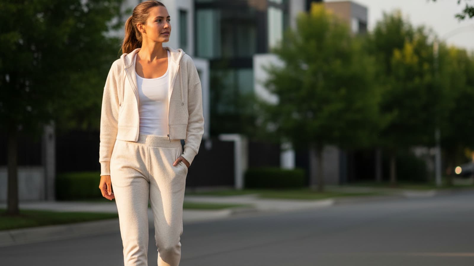 Photoreal wide 16:9 hero image of a women model wearing Lululemon Loungeful Relaxed-Fit Full-Zip Cropped Hoodie.