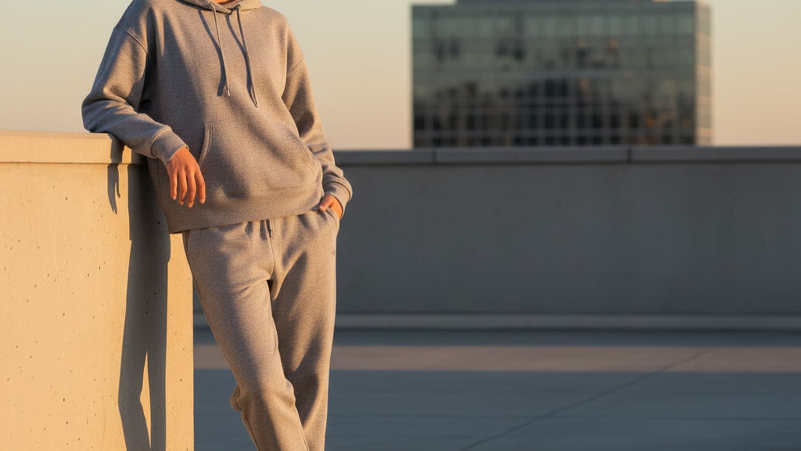 Photoreal wide 16:9 hero image of a women model wearing Lululemon Scuba Mid-Rise Oversized Jogger.
