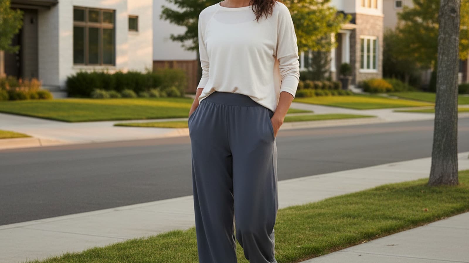 Photoreal wide 16:9 hero image of a women model wearing Lululemon Softstreme Pants.