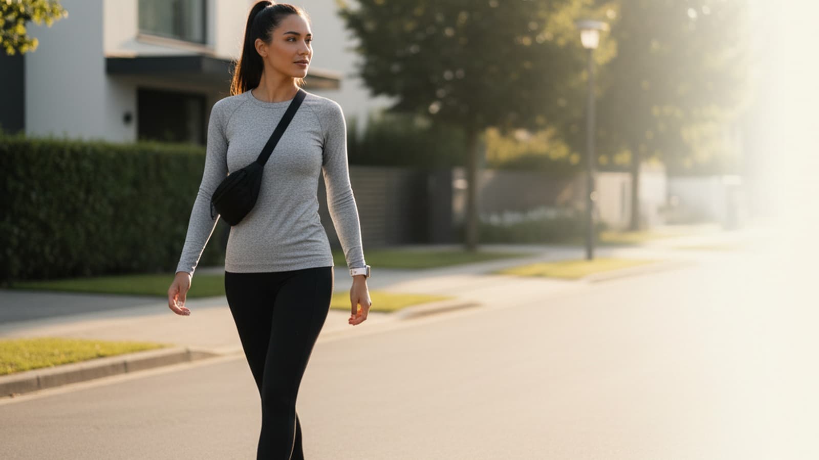 Photoreal wide 16:9 hero image of a women model wearing Lululemon Swiftly Tech Long-Sleeve Shirt.