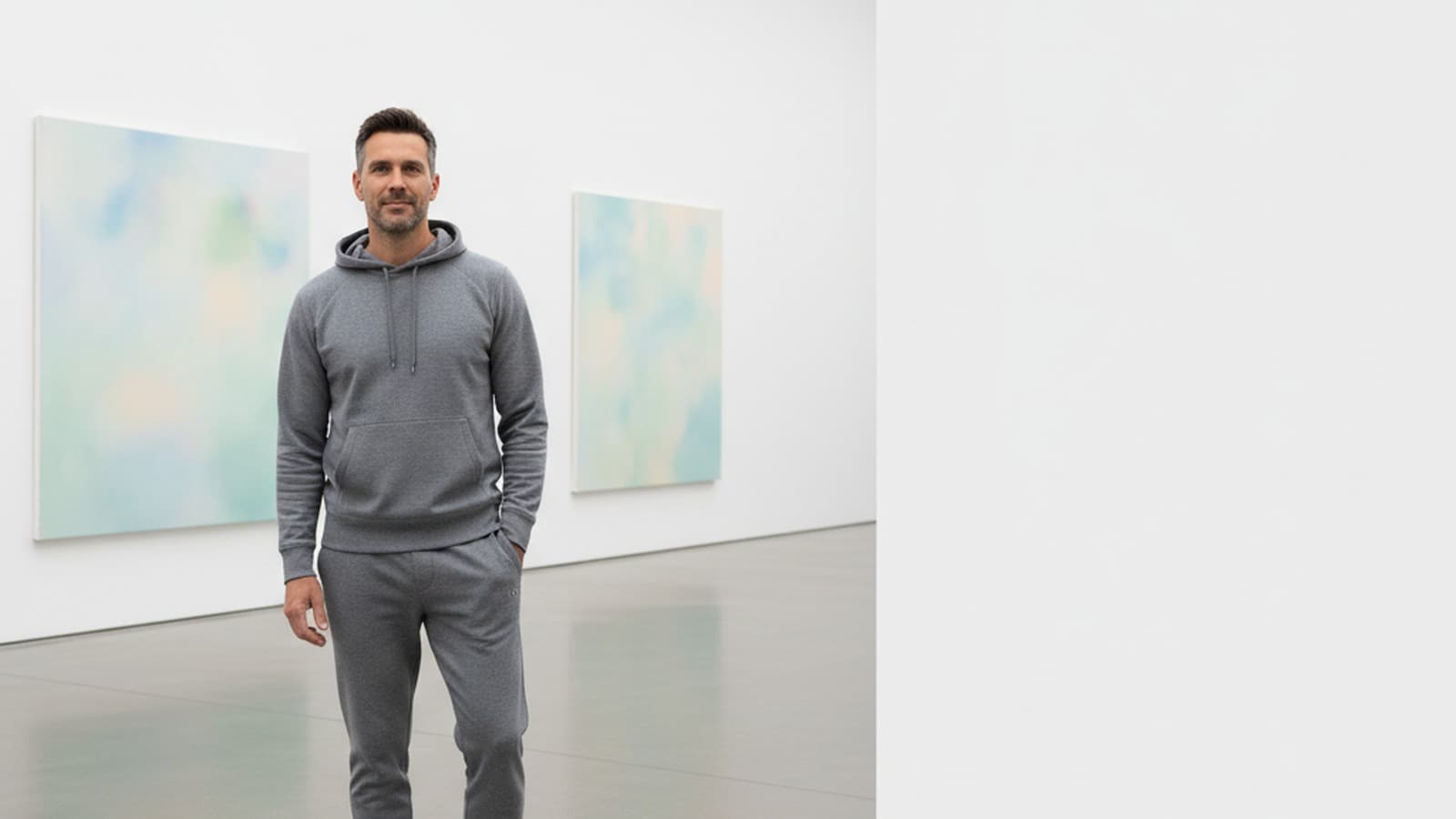 Photoreal wide 16:9 hero image of a men model wearing Vuori Coronado Hoodie.