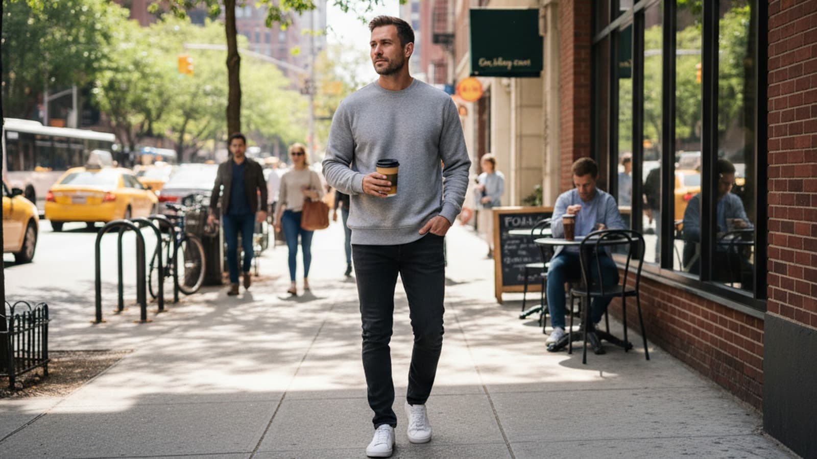 Photoreal wide 16:9 hero image of a men model wearing Vuori Ponto Performance Crew.