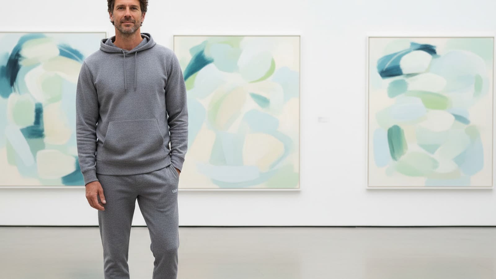 Photoreal wide 16:9 hero image of a men model wearing Vuori Seaside Hoodie.